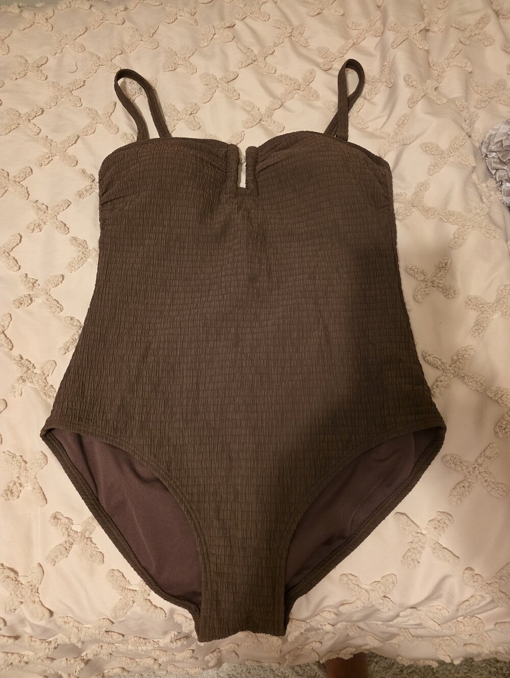 DKNY Textured Chocolate Brown One-Piece Swimsuit, New, Lined Cups, Sz Large 12